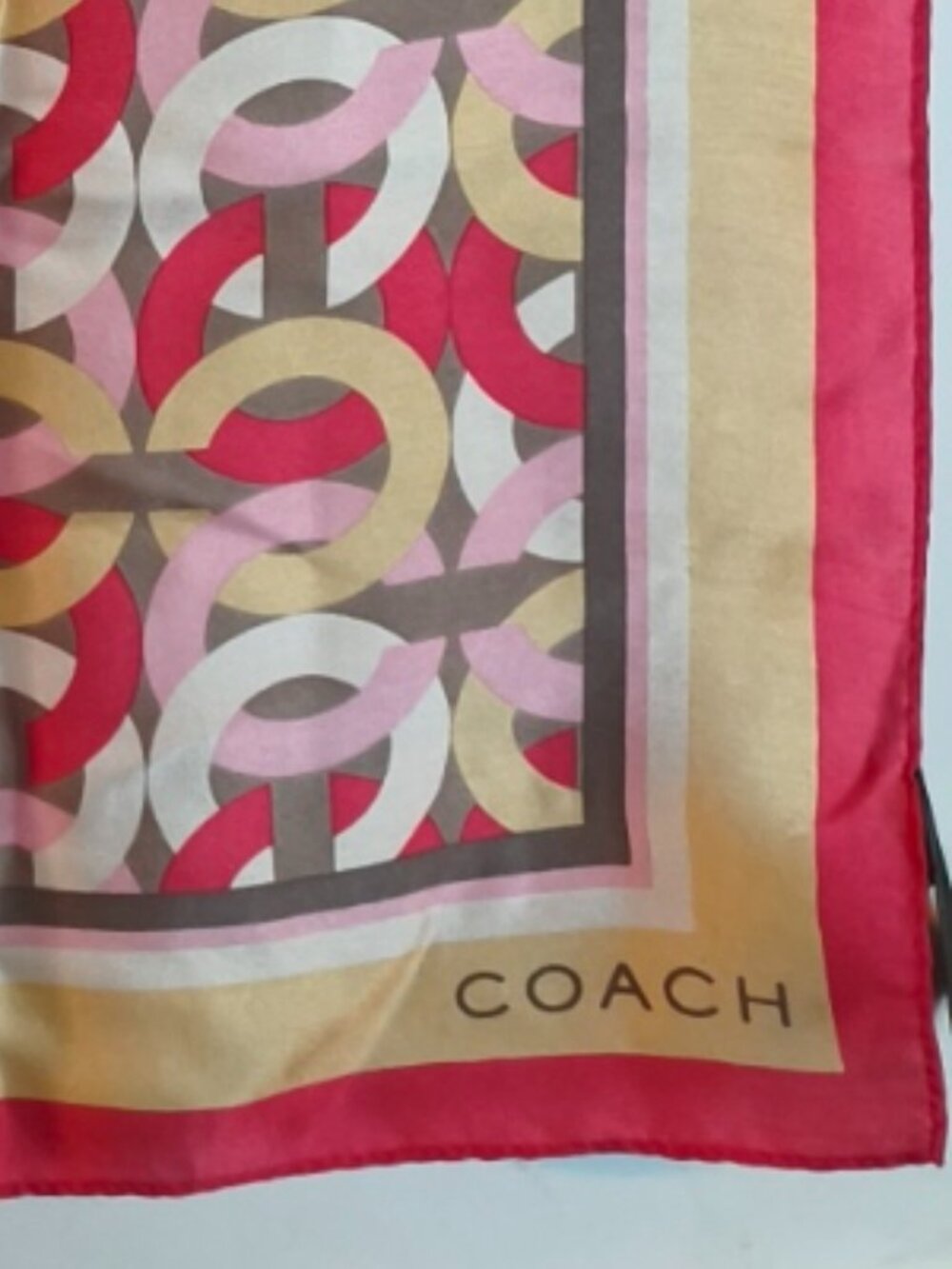 COACH 100% Silk 35" X 35" Signature C Pink, Cream & Gold Geometric Scarf - Picture 7 of 12